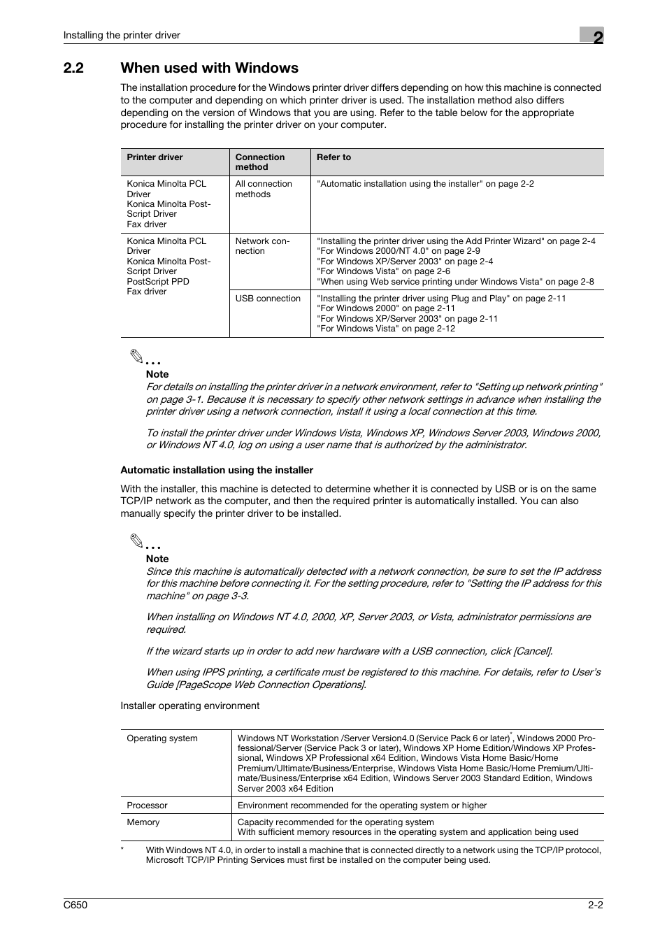 2 when used with windows, Automatic installation using the installer | Konica Minolta bizhub C650 User Manual | Page 31 / 303