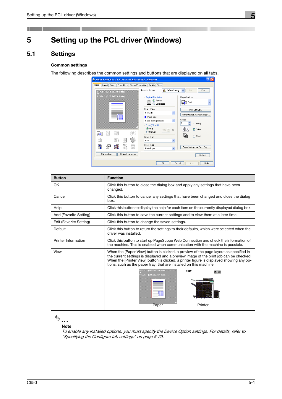 5 setting up the pcl driver (windows), 1 settings, Common settings | Setting up the pcl driver (windows), Settings -1 common settings -1, 5setting up the pcl driver (windows) | Konica Minolta bizhub C650 User Manual | Page 97 / 303