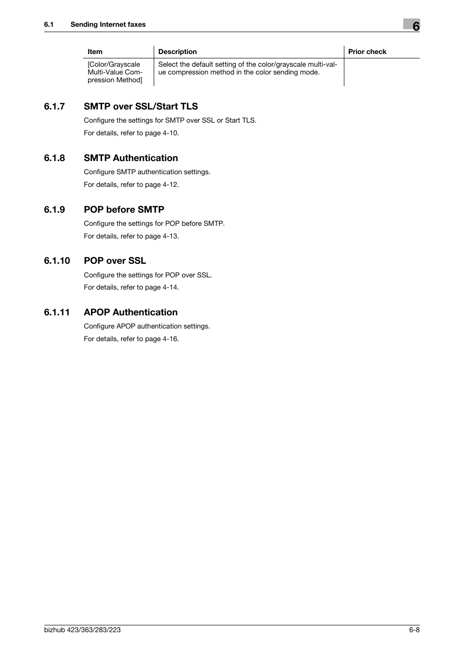 7 smtp over ssl/start tls, 8 smtp authentication, 9 pop before smtp | 10 pop over ssl, 11 apop authentication, Smtp over ssl/start tls -8, Smtp authentication -8, Pop before smtp -8, Pop over ssl -8, Apop authentication -8 | Konica Minolta BIZHUB 223 User Manual | Page 101 / 371