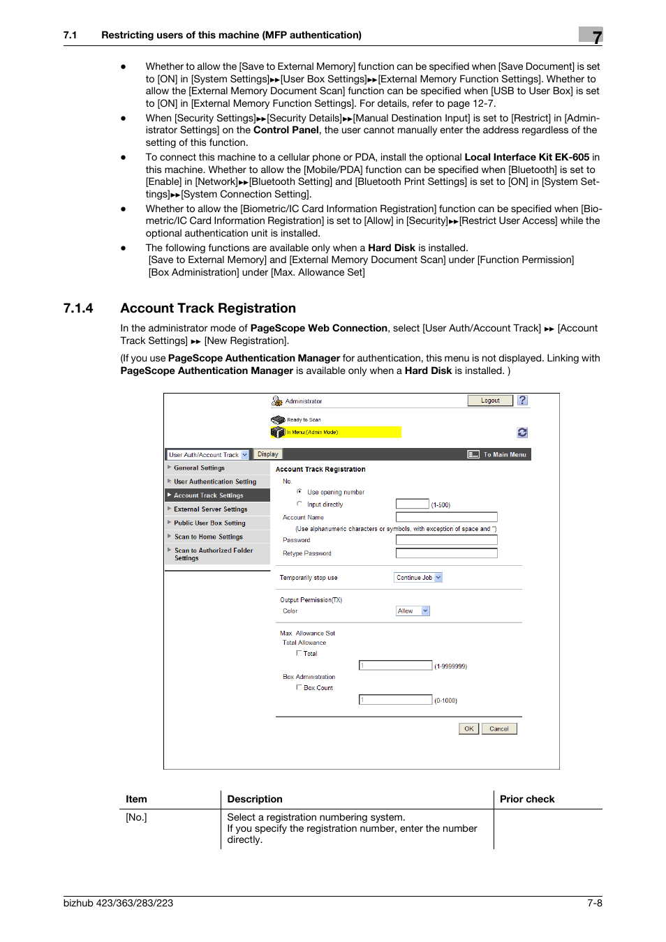 4 account track registration, Account track registration -8, Account track registration | Konica Minolta BIZHUB 223 User Manual | Page 119 / 371