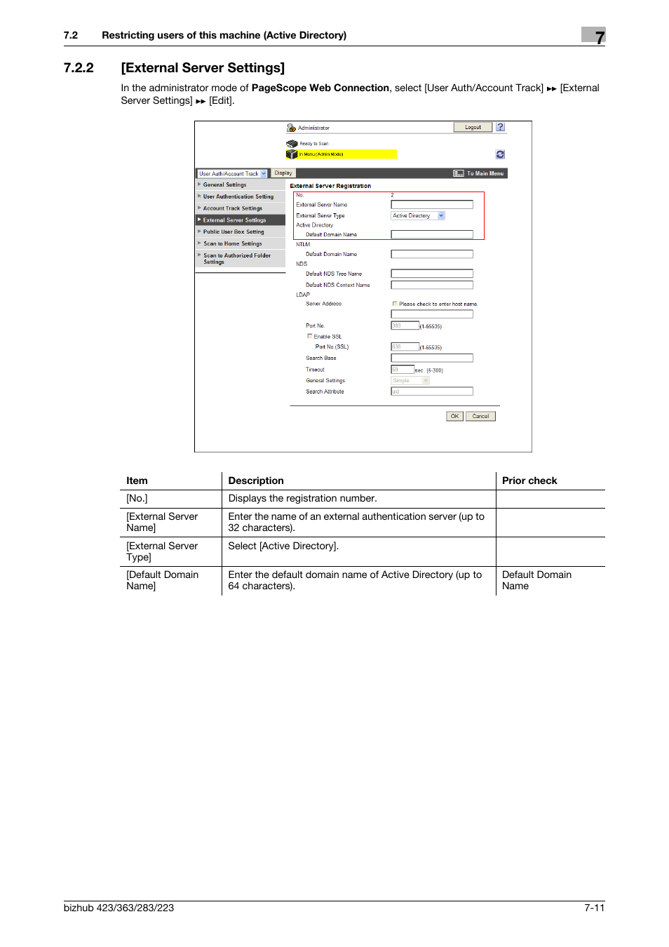 2 [external server settings, External server settings] -11, External server settings | Konica Minolta BIZHUB 223 User Manual | Page 122 / 371