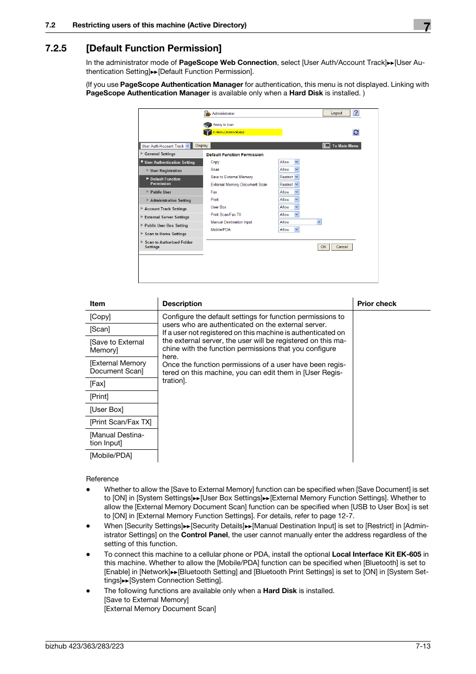 5 [default function permission, Default function permission] -13, Default function permis | Sion | Konica Minolta BIZHUB 223 User Manual | Page 124 / 371