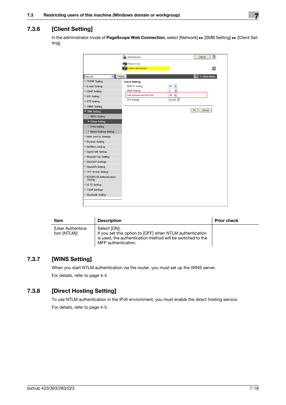 6 [client setting, 7 [wins setting, 8 [direct hosting setting | Client setting] -18, Wins setting] -18, Direct hosting setting] -18, Client setting, Direct hosting setting, Wins setting | Konica Minolta BIZHUB 223 User Manual | Page 129 / 371