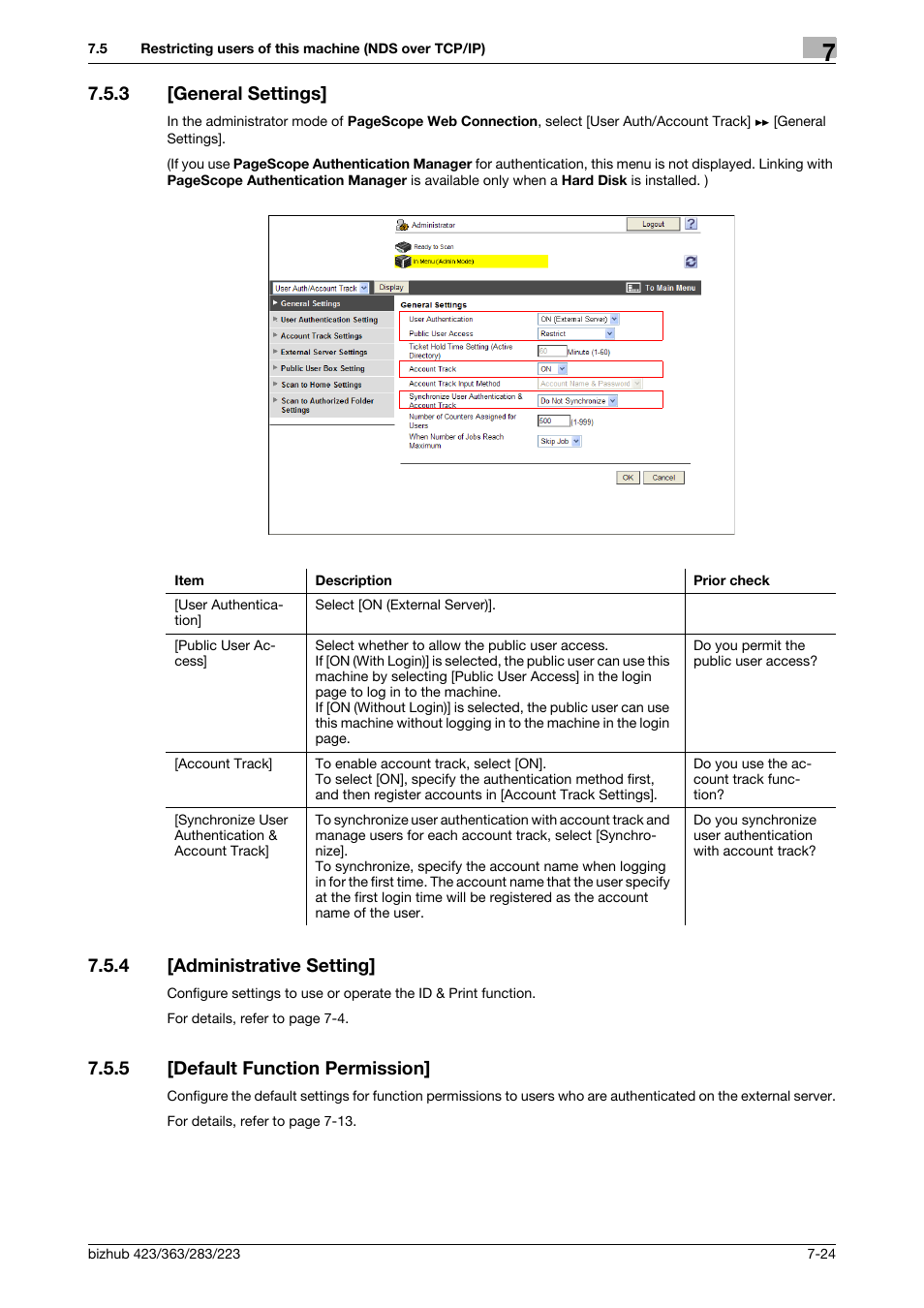 3 [general settings, 4 [administrative setting, 5 [default function permission | General settings] -24, Administrative setting] -24, Default function permission] -24, General settings, Administrative setting, Default function permis, Sion | Konica Minolta BIZHUB 223 User Manual | Page 135 / 371