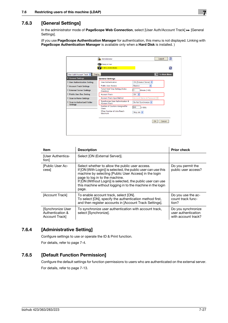 3 [general settings, 4 [administrative setting, 5 [default function permission | General settings] -27, Administrative setting] -27, Default function permission] -27, General settings, Administrative setting, Default function per, Mission | Konica Minolta BIZHUB 223 User Manual | Page 138 / 371