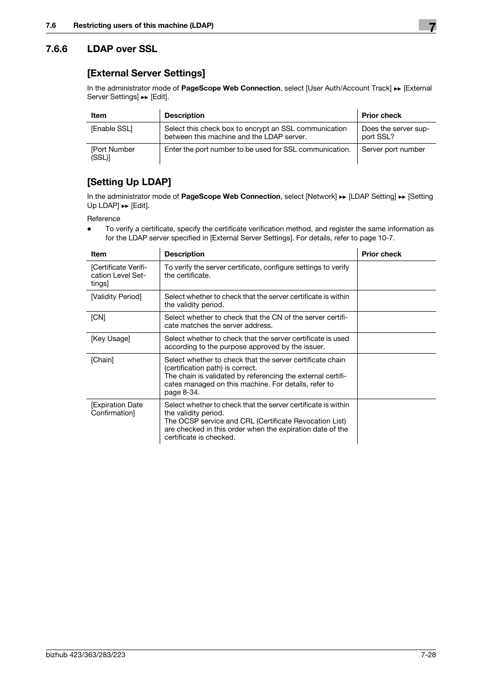 6 ldap over ssl, External server settings, Setting up ldap | Ldap over ssl, 6 ldap over ssl [external server settings | Konica Minolta BIZHUB 223 User Manual | Page 139 / 371