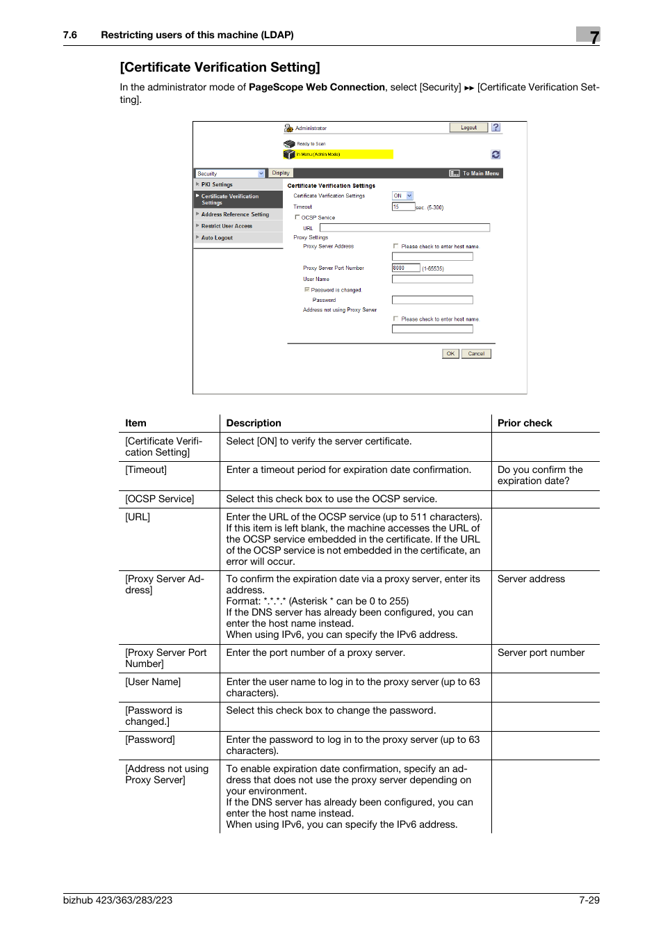 Certificate verification setting, Certificate verification setting] -29 | Konica Minolta BIZHUB 223 User Manual | Page 140 / 371