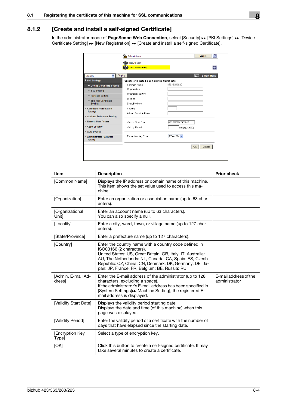 2 [create and install a self-signed certificate, Create and install a self-signed certificate] -4, Create and install a self | Signed certificate | Konica Minolta BIZHUB 223 User Manual | Page 144 / 371