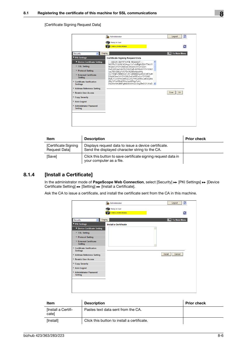 4 [install a certificate, Install a certificate] -6, Install a certificate | Konica Minolta BIZHUB 223 User Manual | Page 146 / 371