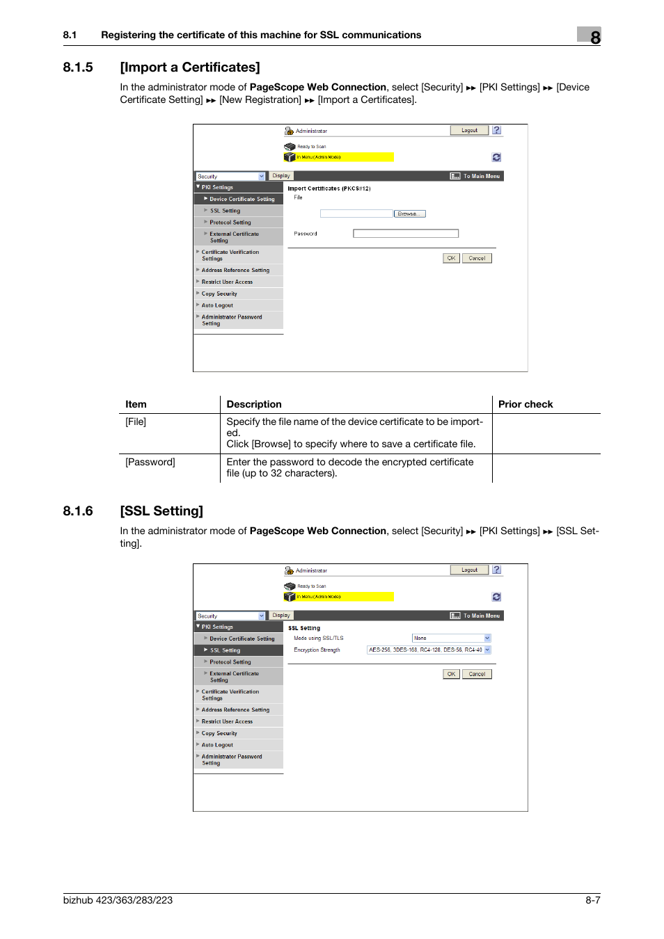 5 [import a certificates, 6 [ssl setting, Import a certificates] -7 | Ssl setting] -7, Import a certificates, Ssl setting | Konica Minolta BIZHUB 223 User Manual | Page 147 / 371