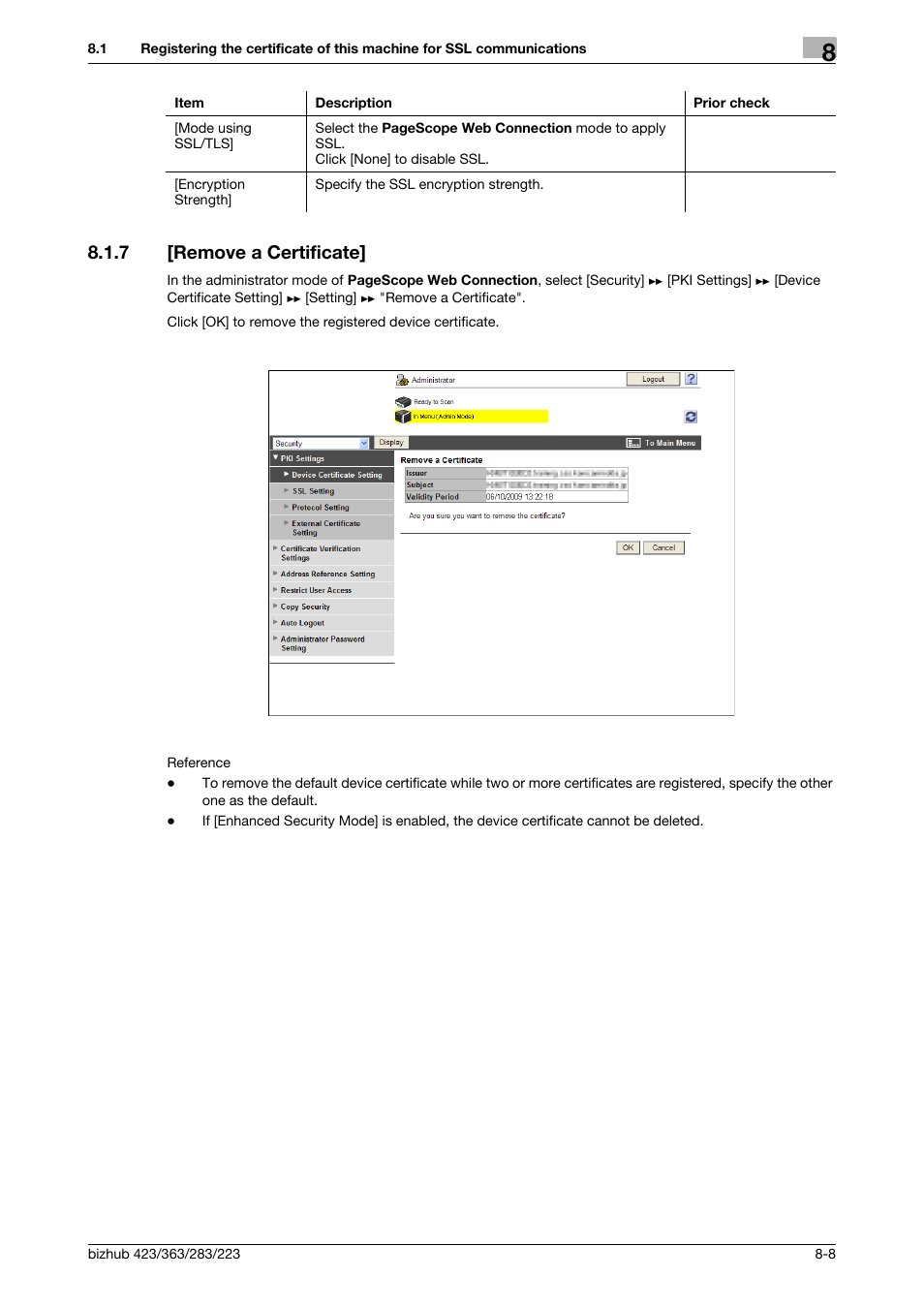 7 [remove a certificate, Remove a certificate] -8 | Konica Minolta BIZHUB 223 User Manual | Page 148 / 371