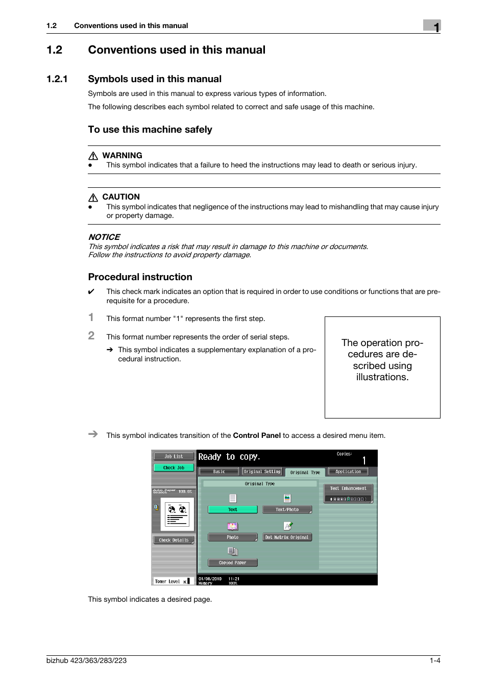 2 conventions used in this manual, 1 symbols used in this manual, To use this machine safely | Procedural instruction, Conventions used in this manual -4 | Konica Minolta BIZHUB 223 User Manual | Page 15 / 371