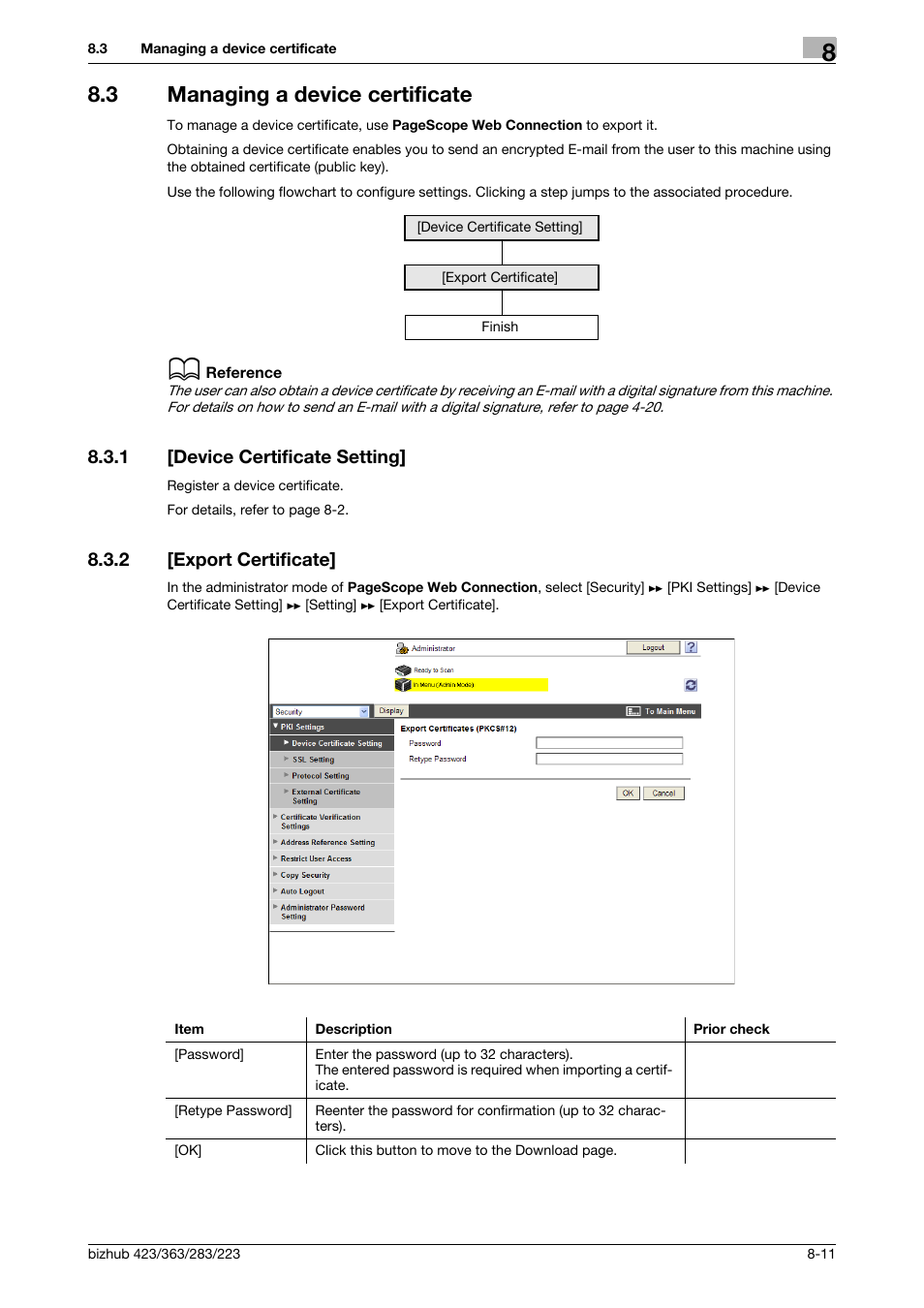 3 managing a device certificate, 1 [device certificate setting, 2 [export certificate | Managing a device certificate -11, Device certificate setting] -11, Export certificate] -11 | Konica Minolta BIZHUB 223 User Manual | Page 151 / 371
