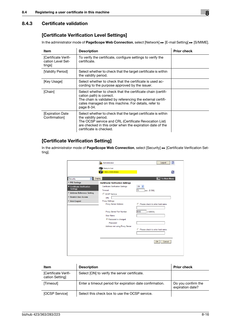 3 certificate validation, Certificate verification level settings, Certificate verification setting | Certificate validation | Konica Minolta BIZHUB 223 User Manual | Page 156 / 371