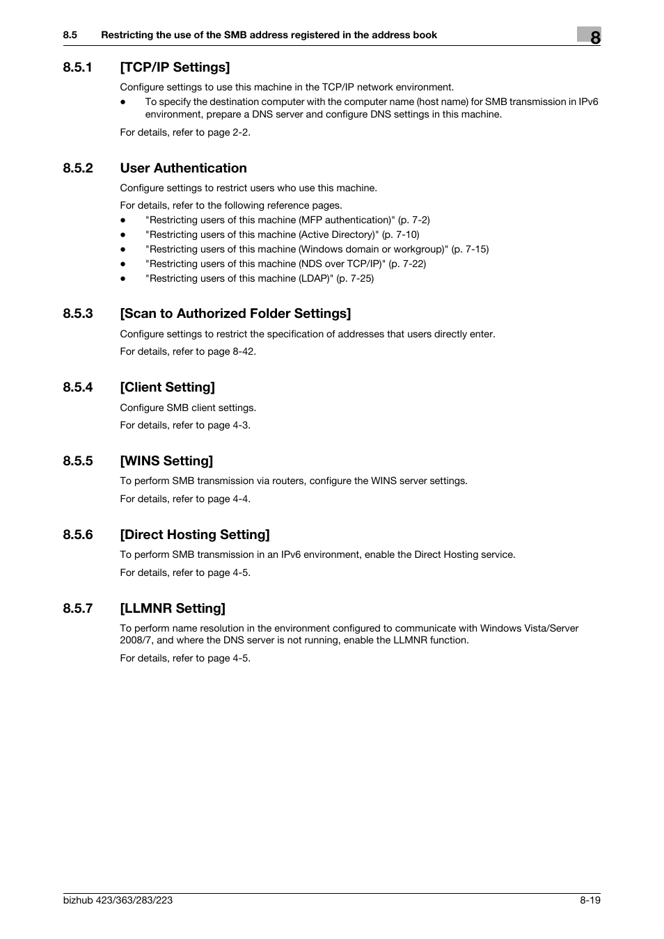 1 [tcp/ip settings, 2 user authentication, 3 [scan to authorized folder settings | 4 [client setting, 5 [wins setting, 6 [direct hosting setting, 7 [llmnr setting, Tcp/ip settings] -19, User authentication -19, Scan to authorized folder settings] -19 | Konica Minolta BIZHUB 223 User Manual | Page 159 / 371