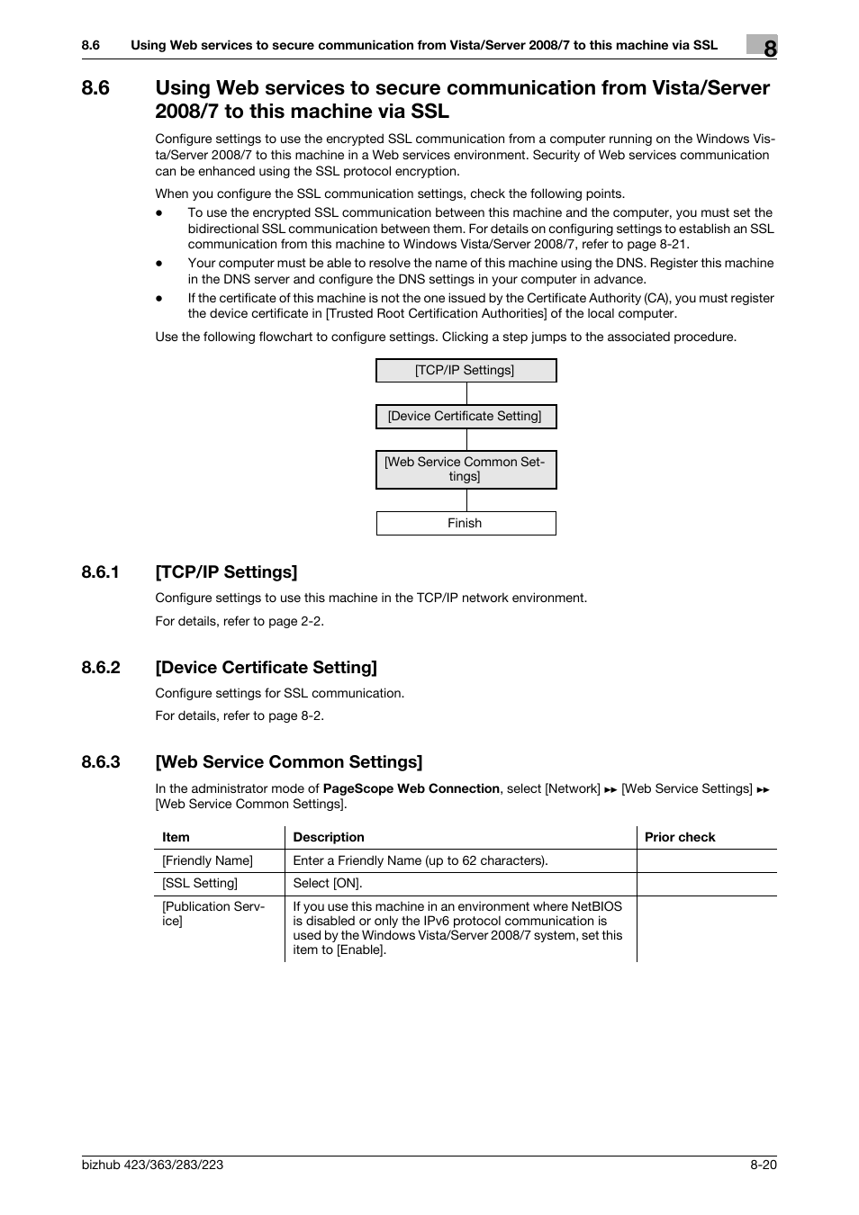 1 [tcp/ip settings, 2 [device certificate setting, 3 [web service common settings | To this machine via ssl -20, Tcp/ip settings] -20, Device certificate setting] -20, Web service common settings] -20 | Konica Minolta BIZHUB 223 User Manual | Page 160 / 371