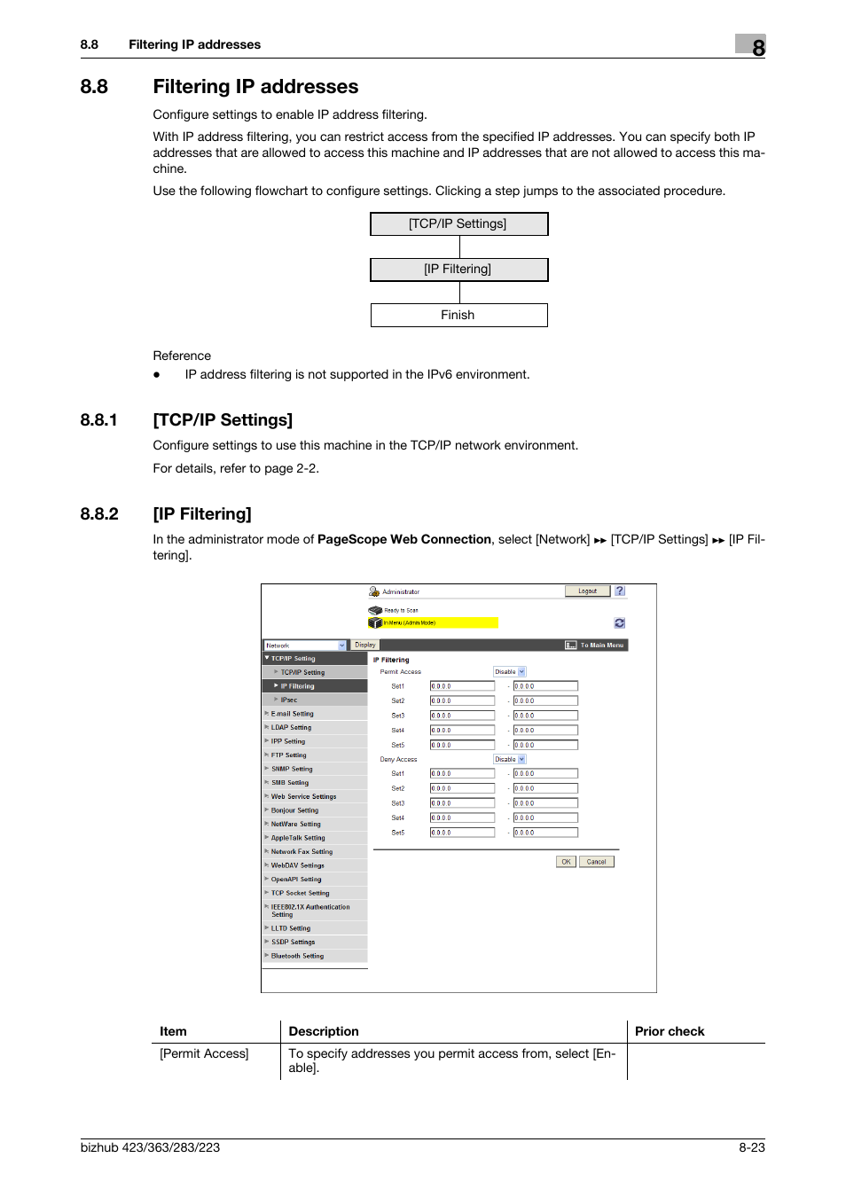 8 filtering ip addresses, 1 [tcp/ip settings, 2 [ip filtering | Filtering ip addresses -23, Tcp/ip settings] -23, Ip filtering] -23 | Konica Minolta BIZHUB 223 User Manual | Page 163 / 371