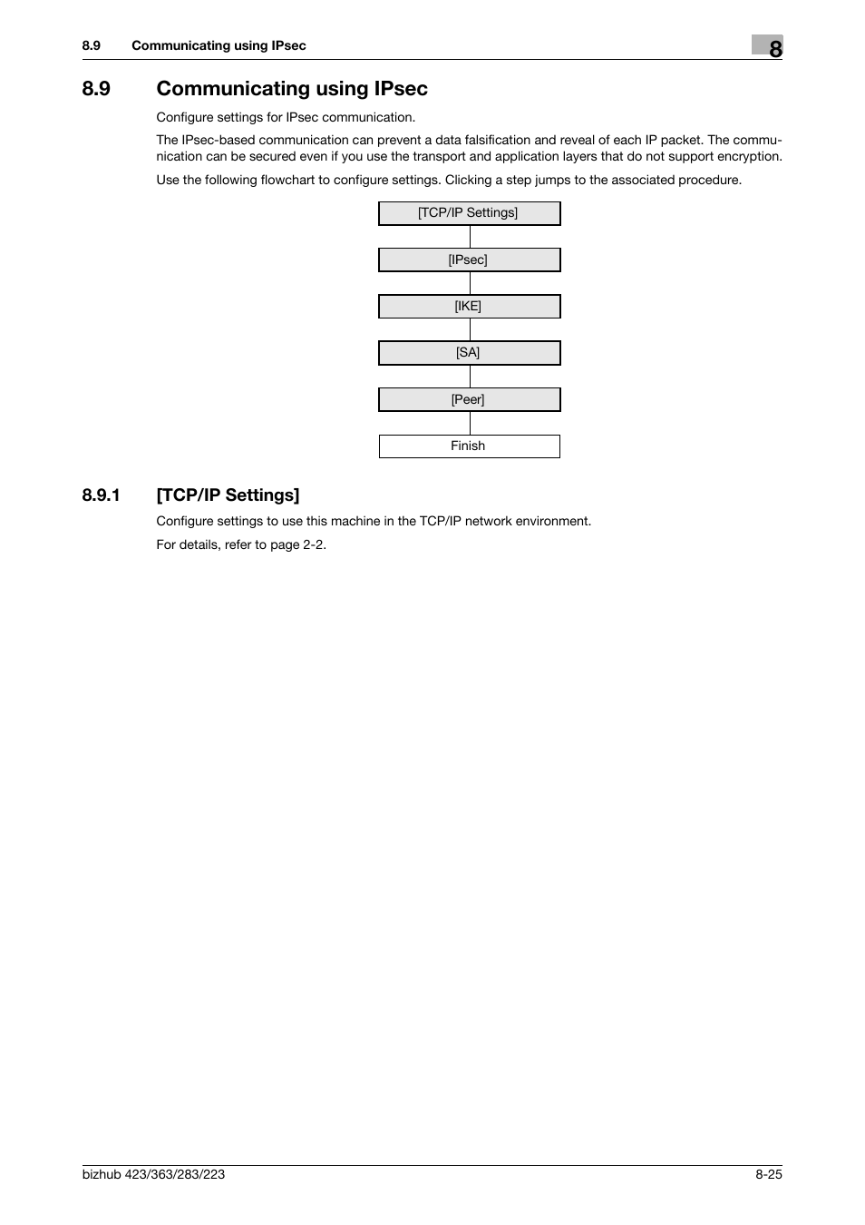 9 communicating using ipsec, 1 [tcp/ip settings, Communicating using ipsec -25 | Tcp/ip settings] -25 | Konica Minolta BIZHUB 223 User Manual | Page 165 / 371