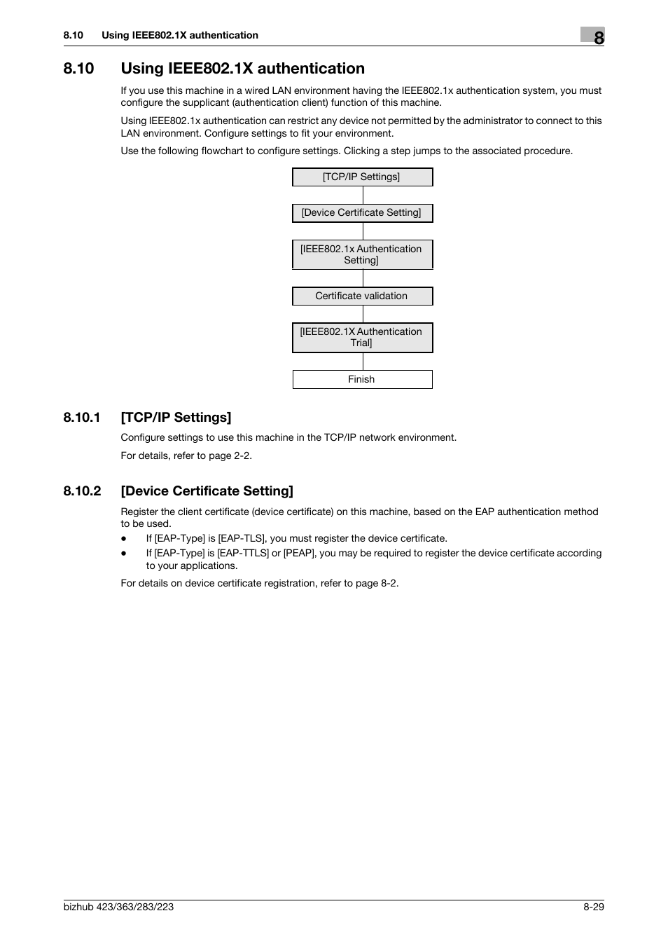 10 using ieee802.1x authentication, 1 [tcp/ip settings, 2 [device certificate setting | Using ieee802.1x authentication -29, Tcp/ip settings] -29, Device certificate setting] -29, Using ieee802.1x authentication (f, Eap-ttls or peap)" (p. 8-29 | Konica Minolta BIZHUB 223 User Manual | Page 169 / 371