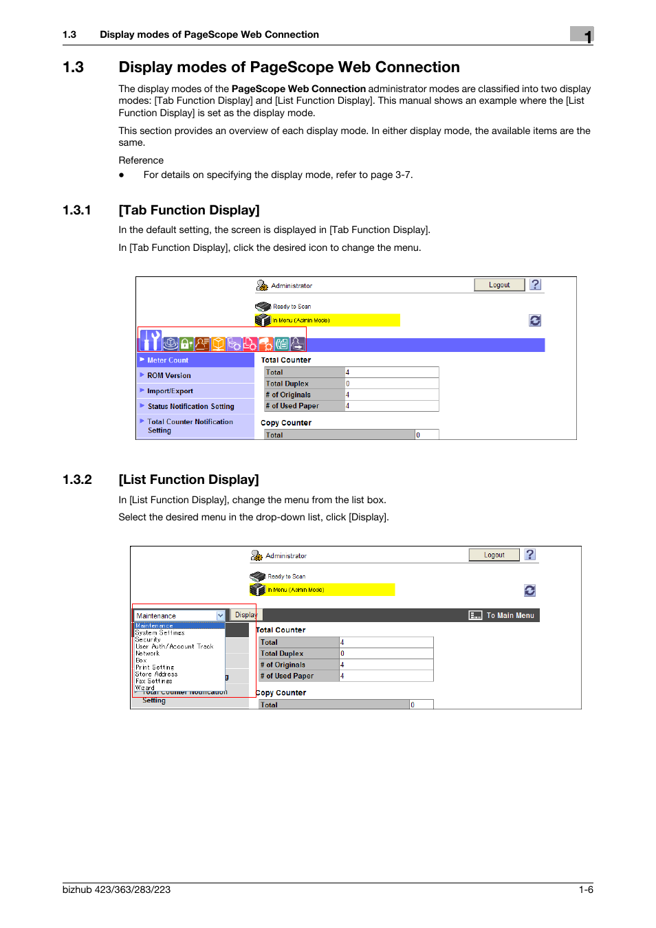 1 [tab function display, 2 [list function display, Tab function display] -6 | List function display] -6, 3 display modes of pagescope web connection | Konica Minolta BIZHUB 223 User Manual | Page 17 / 371