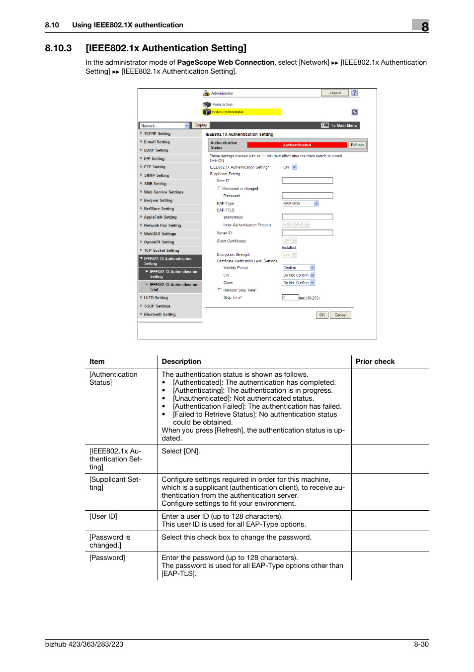 3 [ieee802.1x authentication setting, Ieee802.1x authentication setting] -30, Ieee802.1x authentication | Setting | Konica Minolta BIZHUB 223 User Manual | Page 170 / 371