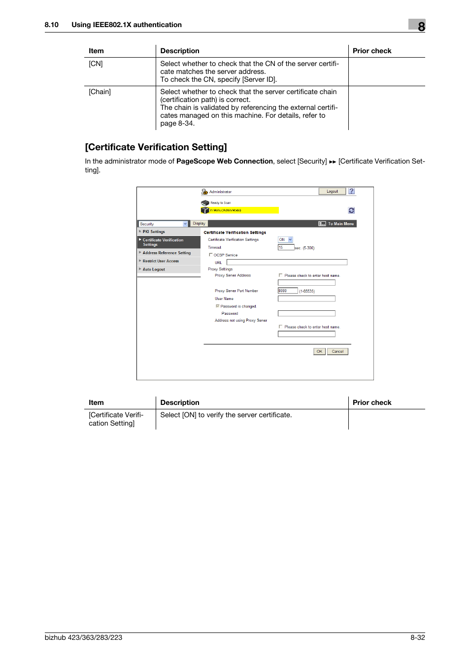 Certificate verification setting, Certificate verification setting] -32 | Konica Minolta BIZHUB 223 User Manual | Page 172 / 371