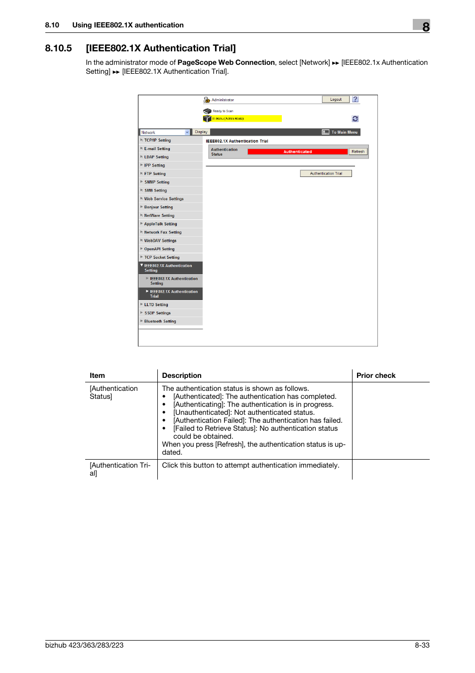 5 [ieee802.1x authentication trial, Ieee802.1x authentication trial] -33, Ieee802.1x authentication | Trial | Konica Minolta BIZHUB 223 User Manual | Page 173 / 371