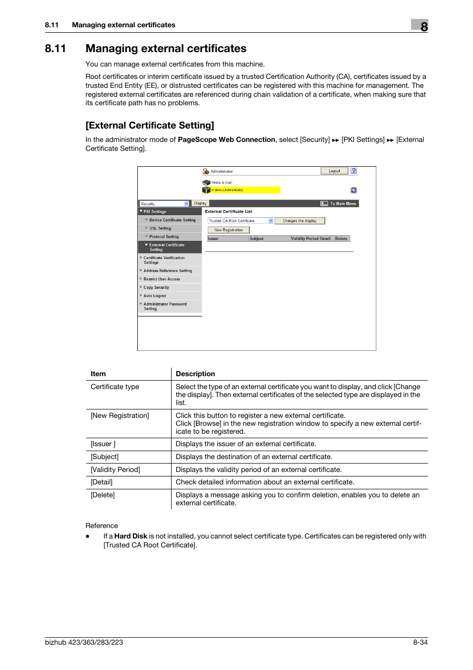 11 managing external certificates, External certificate setting | Konica Minolta BIZHUB 223 User Manual | Page 174 / 371