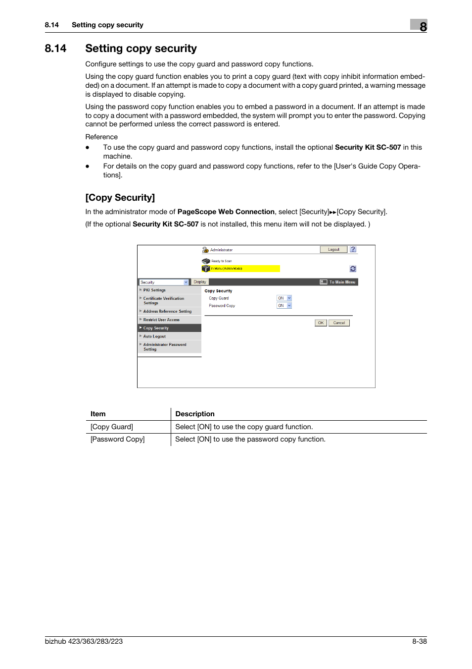 14 setting copy security, Copy security, Setting copy security -38 [copy security] -38 | Konica Minolta BIZHUB 223 User Manual | Page 178 / 371