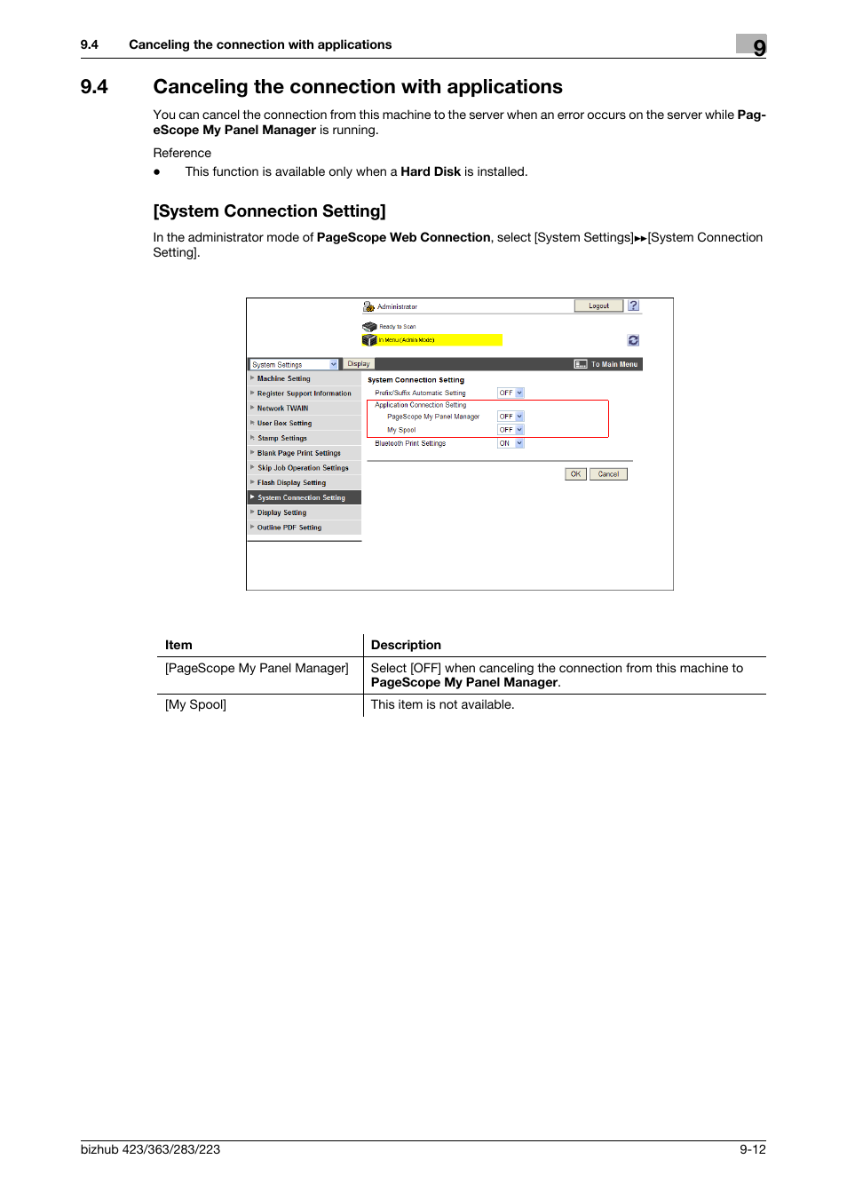 4 canceling the connection with applications, System connection setting | Konica Minolta BIZHUB 223 User Manual | Page 194 / 371