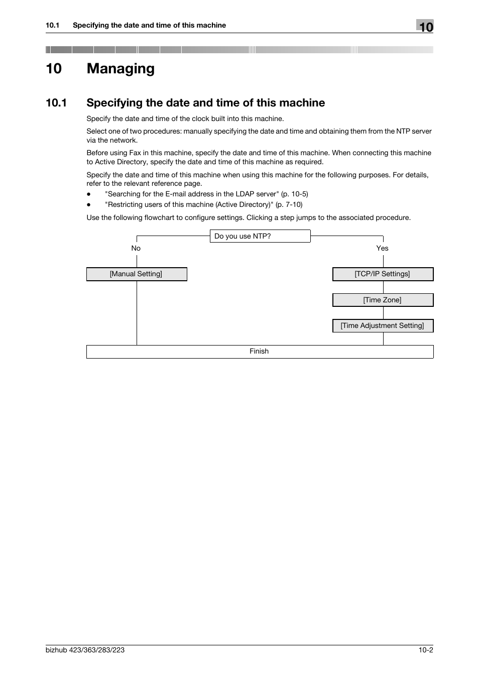 10 managing, 1 specifying the date and time of this machine, Managing | Specifying the date and time of this machine -2 | Konica Minolta BIZHUB 223 User Manual | Page 196 / 371
