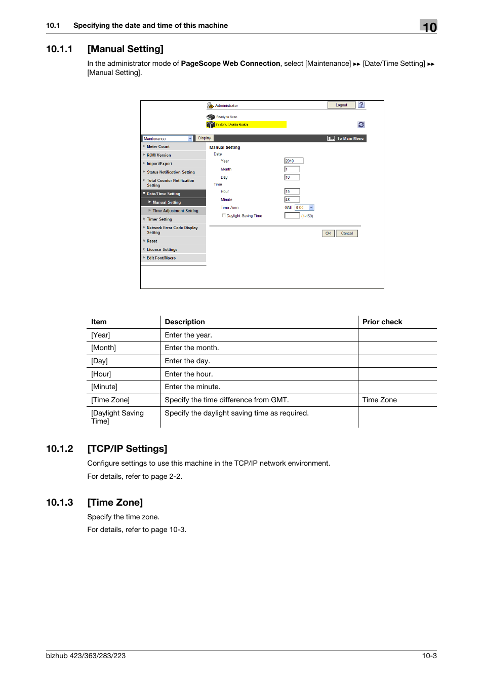 1 [manual setting, 2 [tcp/ip settings, 3 [time zone | Manual setting] -3, Tcp/ip settings] -3, Time zone] -3, Manual setting, Tcp/ip settings, Time zone | Konica Minolta BIZHUB 223 User Manual | Page 197 / 371