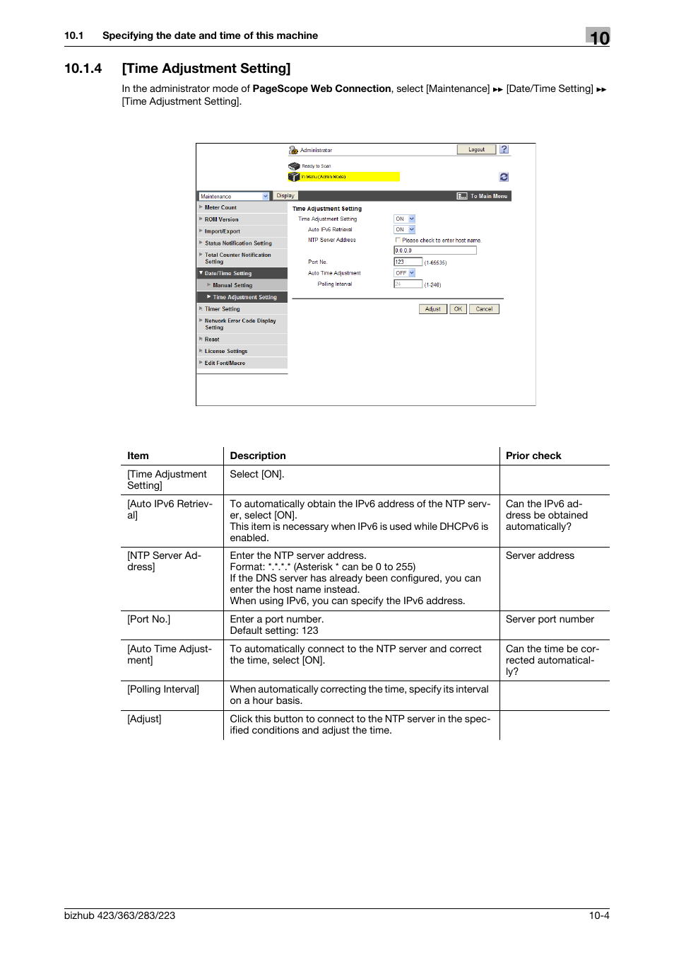 4 [time adjustment setting, Time adjustment setting] -4, Time adjustment setting | Konica Minolta BIZHUB 223 User Manual | Page 198 / 371