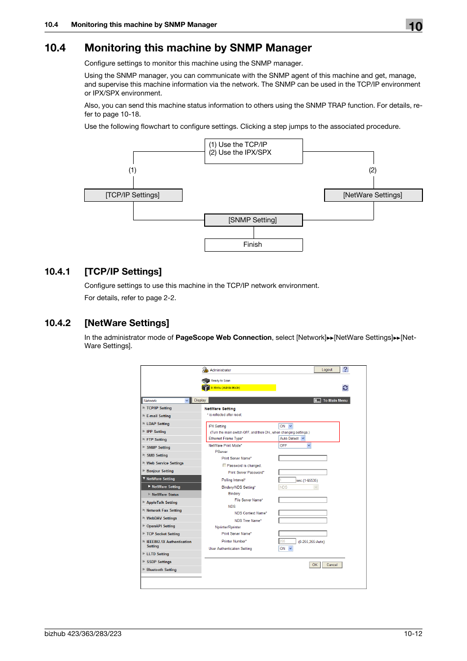 4 monitoring this machine by snmp manager, 1 [tcp/ip settings, 2 [netware settings | Monitoring this machine by snmp manager -12, Tcp/ip settings] -12, Netware settings] -12 | Konica Minolta BIZHUB 223 User Manual | Page 206 / 371