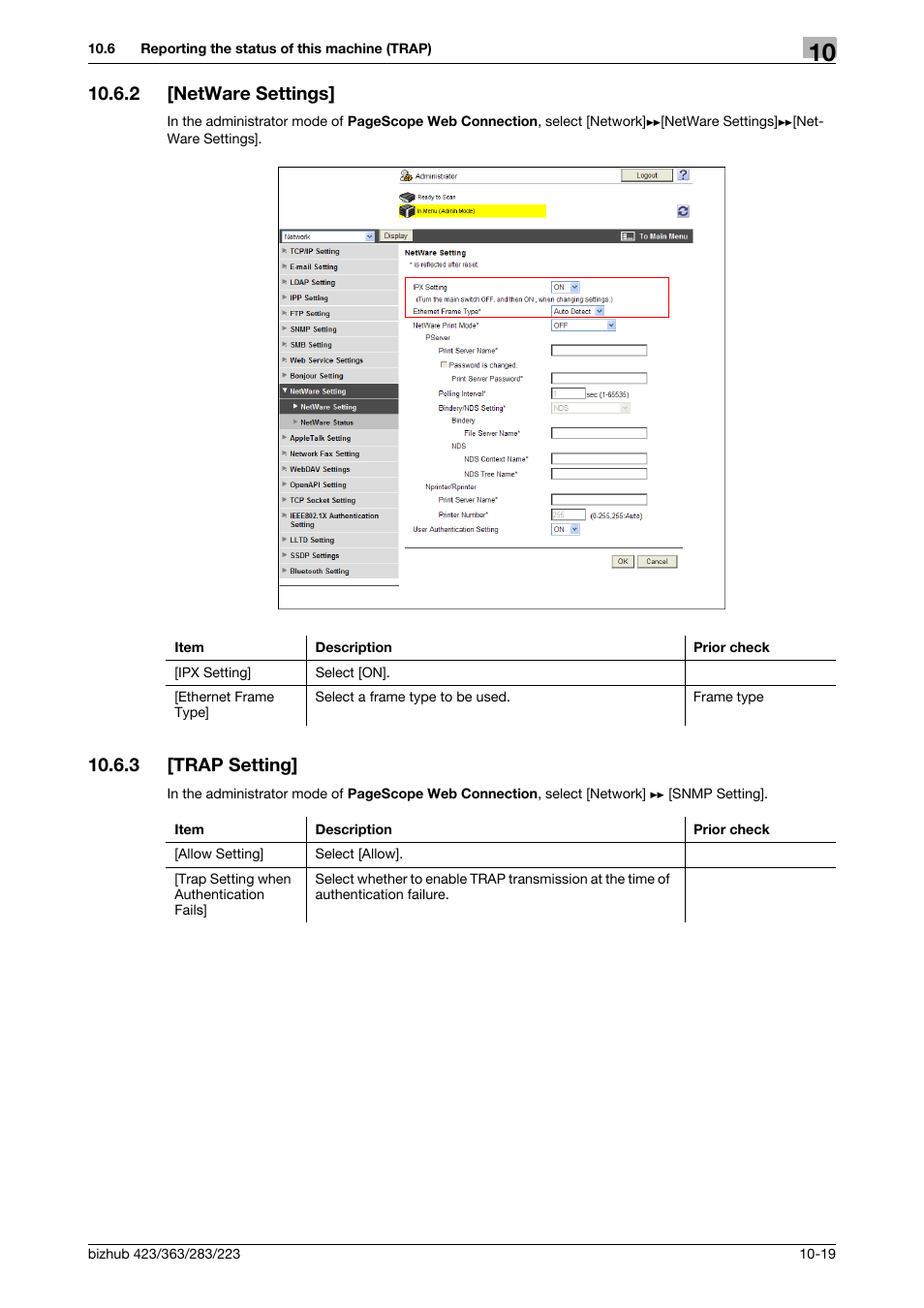 2 [netware settings, 3 [trap setting, Netware settings] -19 | Trap setting] -19, Netware settings, Trap setting | Konica Minolta BIZHUB 223 User Manual | Page 213 / 371