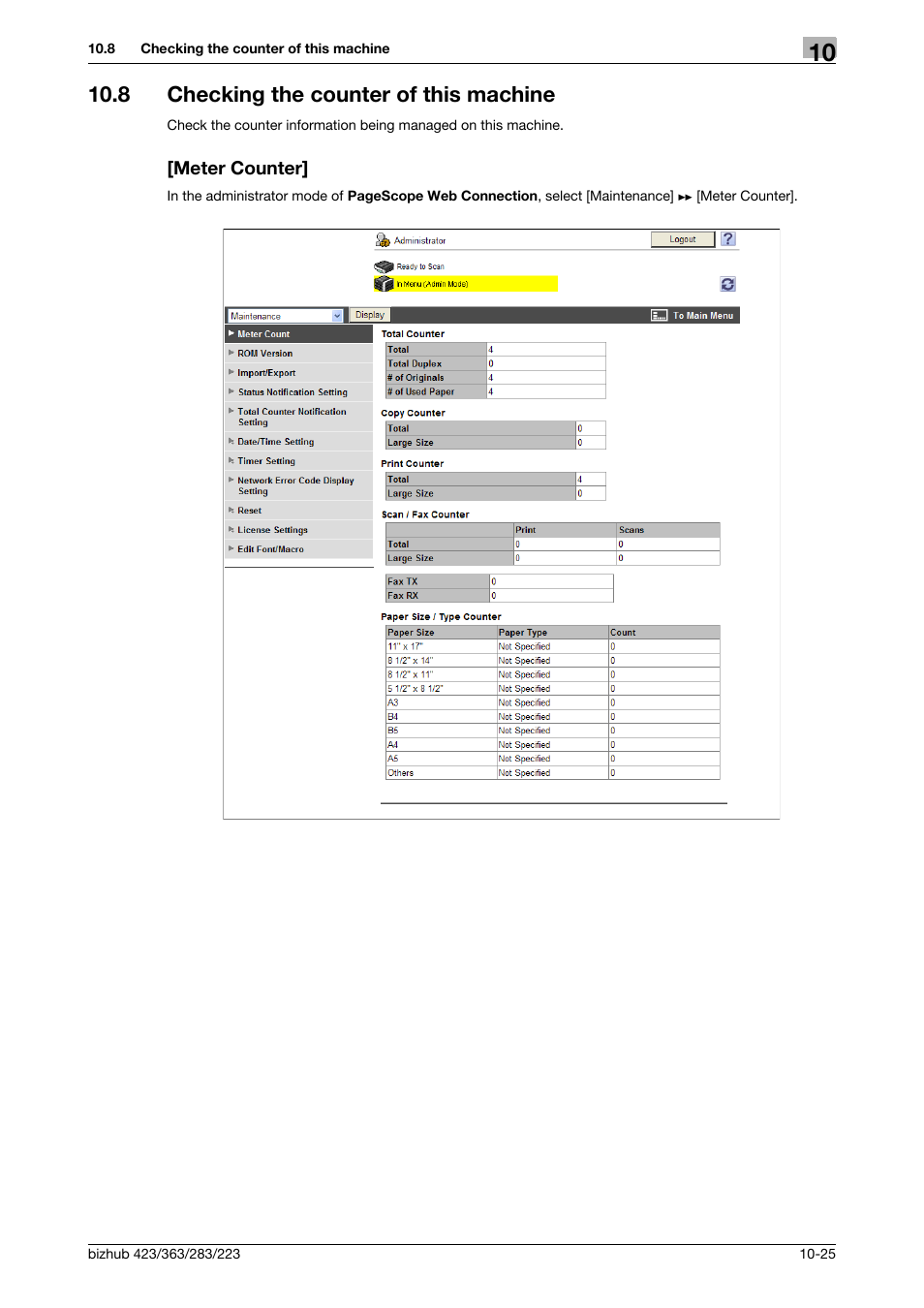 8 checking the counter of this machine, Meter counter | Konica Minolta BIZHUB 223 User Manual | Page 219 / 371