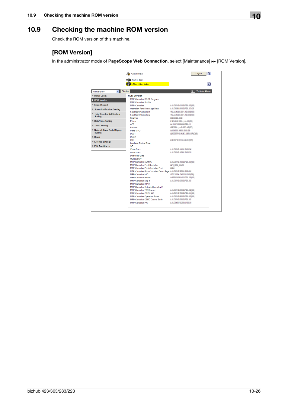 9 checking the machine rom version, Rom version | Konica Minolta BIZHUB 223 User Manual | Page 220 / 371