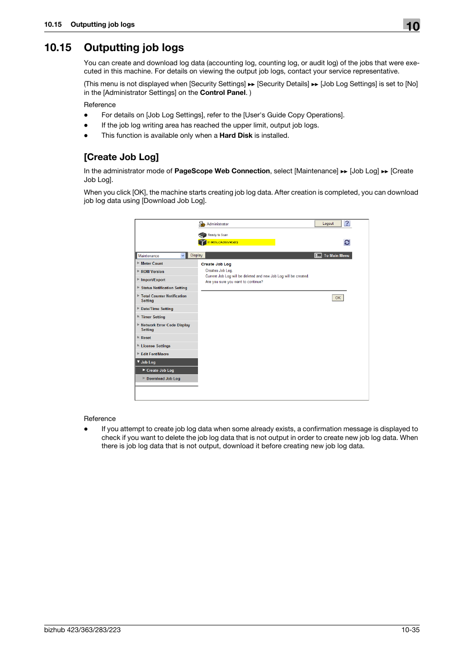 15 outputting job logs, Create job log, Outputting job logs -35 [create job log] -35 | Konica Minolta BIZHUB 223 User Manual | Page 229 / 371