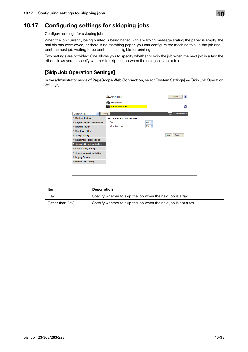 17 configuring settings for skipping jobs, Skip job operation settings | Konica Minolta BIZHUB 223 User Manual | Page 232 / 371