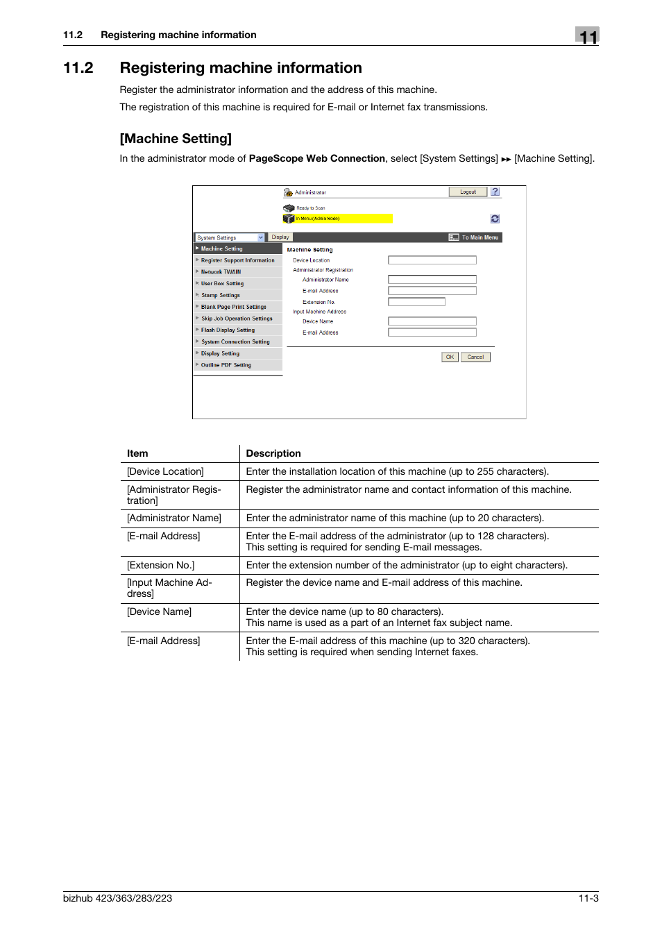 2 registering machine information, Machine setting | Konica Minolta BIZHUB 223 User Manual | Page 236 / 371