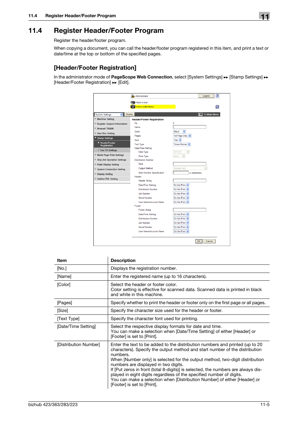 4 register header/footer program, Header/footer registration | Konica Minolta BIZHUB 223 User Manual | Page 238 / 371