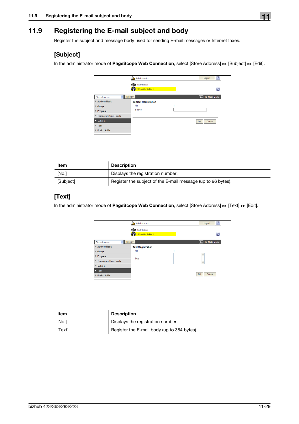 9 registering the e-mail subject and body, Subject, Text | Konica Minolta BIZHUB 223 User Manual | Page 262 / 371
