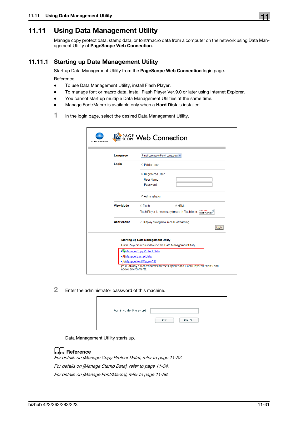 11 using data management utility, 1 starting up data management utility, Using data management utility -31 | Starting up data management utility -31 | Konica Minolta BIZHUB 223 User Manual | Page 264 / 371