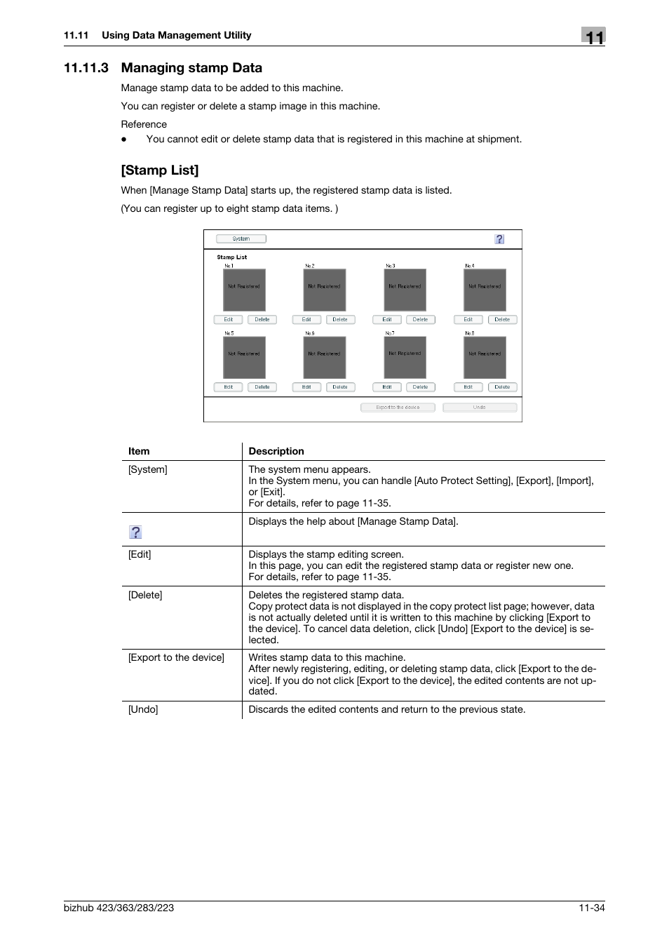 3 managing stamp data, Stamp list, Managing stamp data -34 [stamp list] -34 | Konica Minolta BIZHUB 223 User Manual | Page 267 / 371