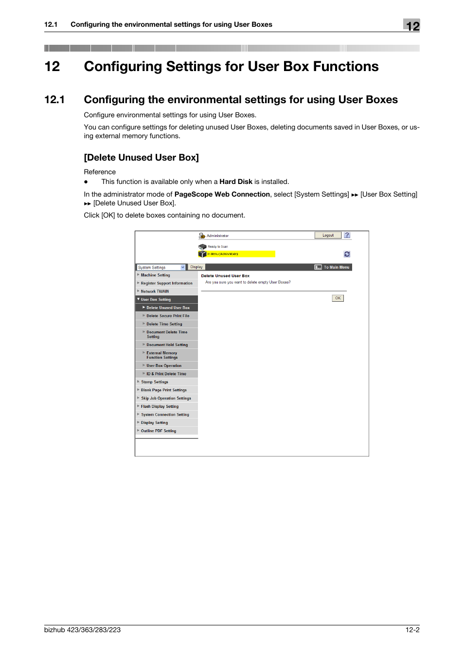12 configuring settings for user box functions, Delete unused user box, Configuring settings for user box functions | Konica Minolta BIZHUB 223 User Manual | Page 272 / 371