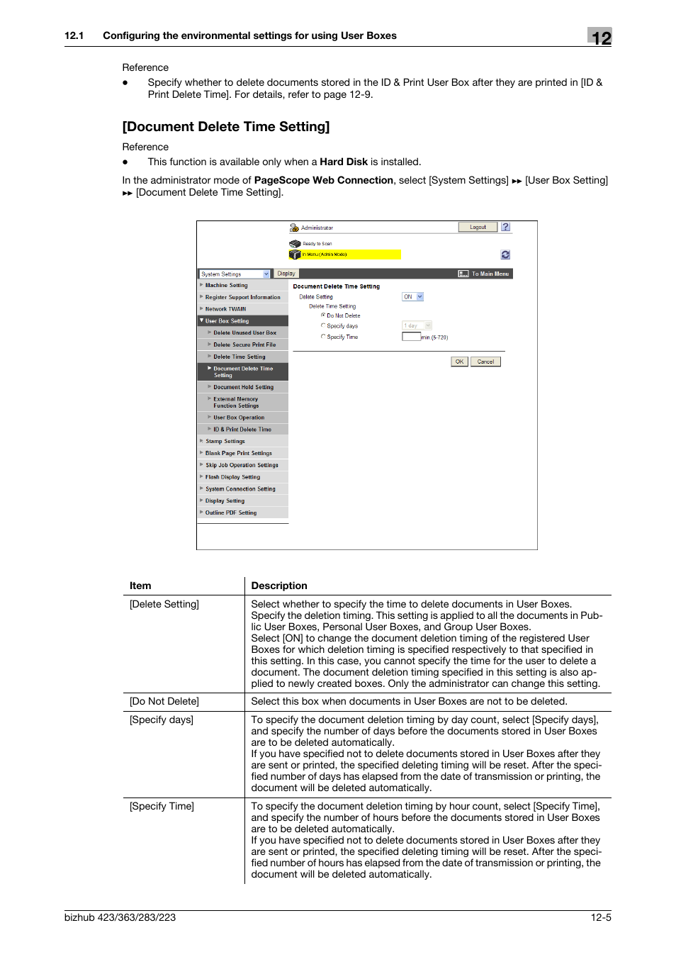 Document delete time setting, Document delete time setting] -5 | Konica Minolta BIZHUB 223 User Manual | Page 275 / 371