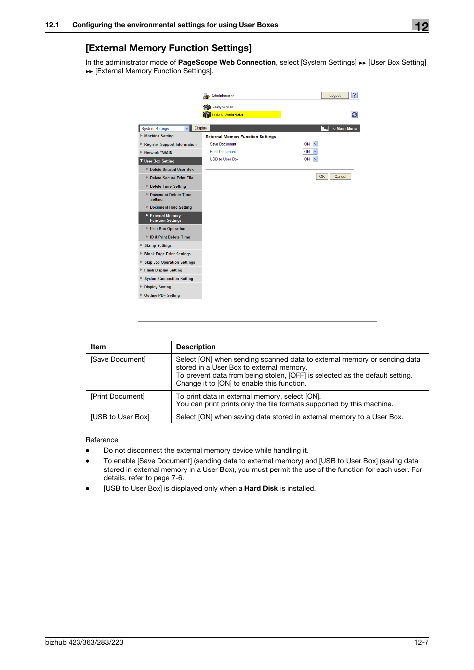 External memory function settings, External memory function settings] -7 | Konica Minolta BIZHUB 223 User Manual | Page 277 / 371