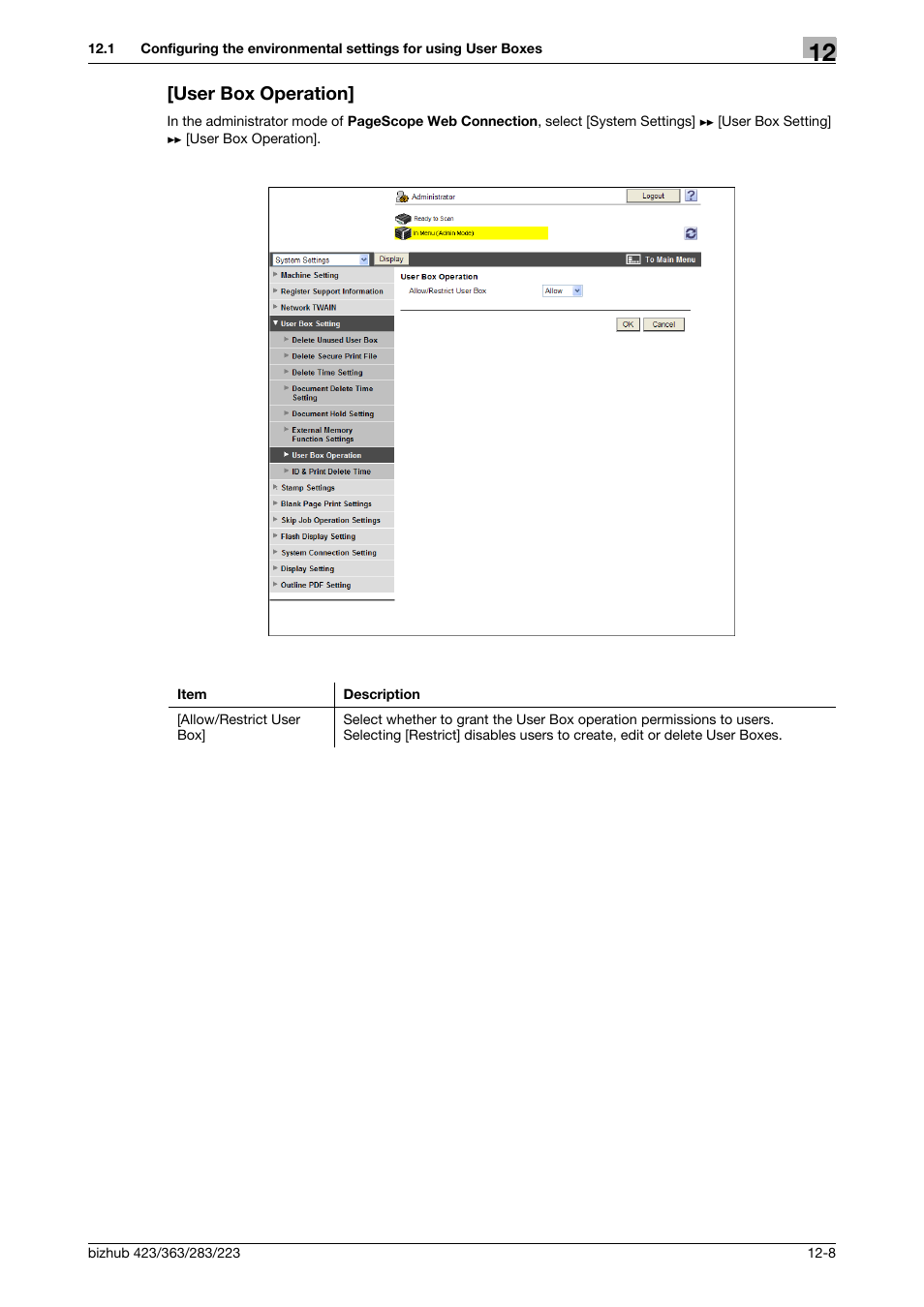 User box operation, User box operation] -8, P. 12-8) | Konica Minolta BIZHUB 223 User Manual | Page 278 / 371