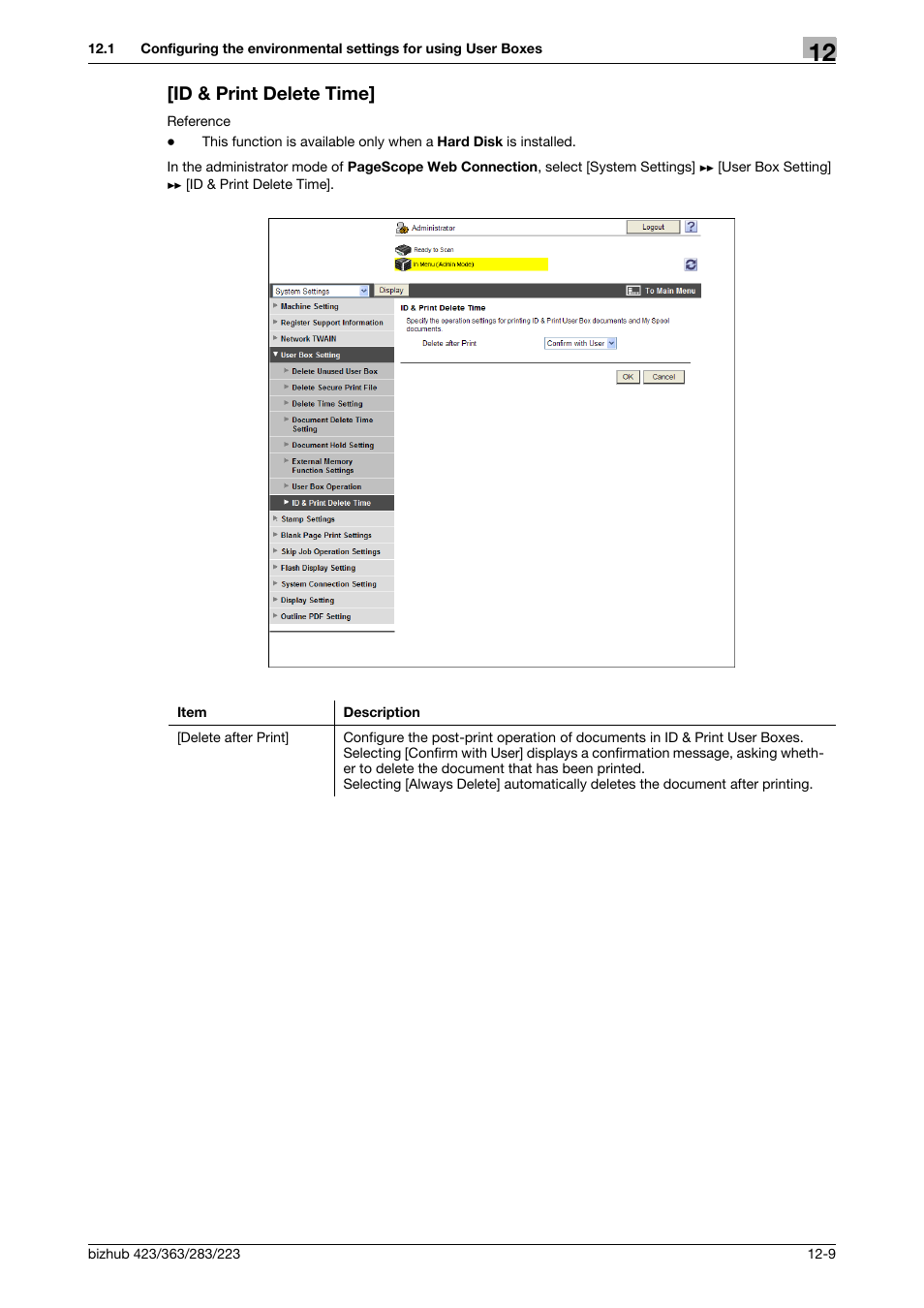 Id & print delete time, Id & print delete time] -9 | Konica Minolta BIZHUB 223 User Manual | Page 279 / 371