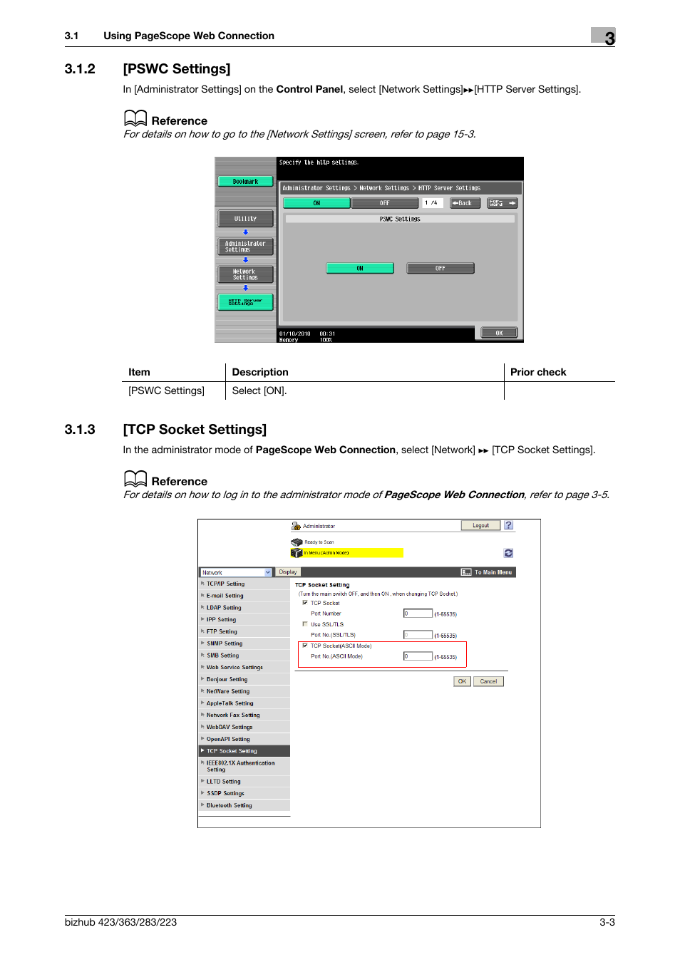 2 [pswc settings, 3 [tcp socket settings, Pswc settings] -3 | Tcp socket settings] -3, Pswc settings, Tcp socket settings | Konica Minolta BIZHUB 223 User Manual | Page 28 / 371